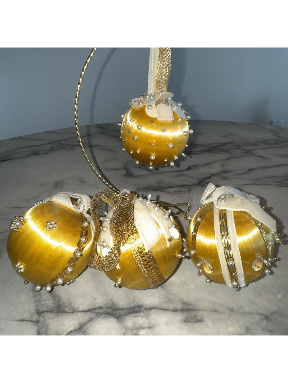 Satin Wrapped 4 Gold Pushpin Ball Ornaments Handmade Boho Chic vintage